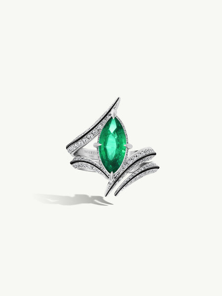 Ayla Arabesque Brilliant Marquise Cut Emerald Ring With Pav White Diamonds Enamel In 18K White Gold