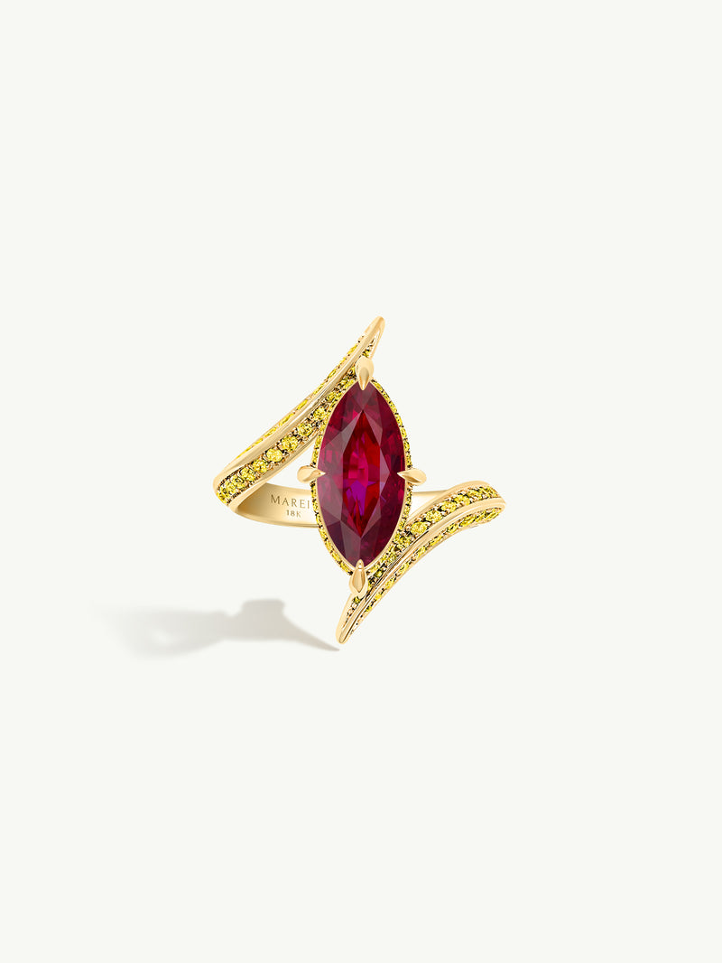 Ayla Arabesque Engagement Ring With Marquise-Cut Ruby With Pavé-Set Brilliant Vivid Yellow Diamonds In 18K Yellow Gold