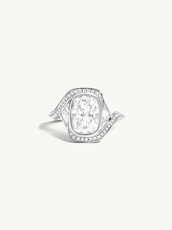 Maat Engagement Ring With Brilliant Cushion-Cut Diamond, Baguettes & Pavé-Set White Diamonds in 18K White Gold