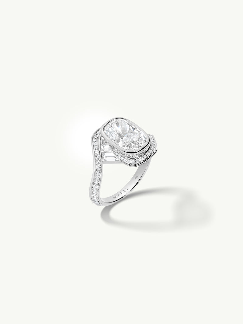 Maat Engagement Ring With Brilliant Cushion-Cut Diamond, Baguettes & Pavé-Set White Diamonds in Platinum