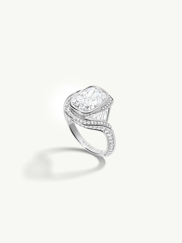 Maat Engagement Ring With Brilliant Cushion-Cut Diamond, Baguettes & Pavé-Set White Diamonds in 18K White Gold