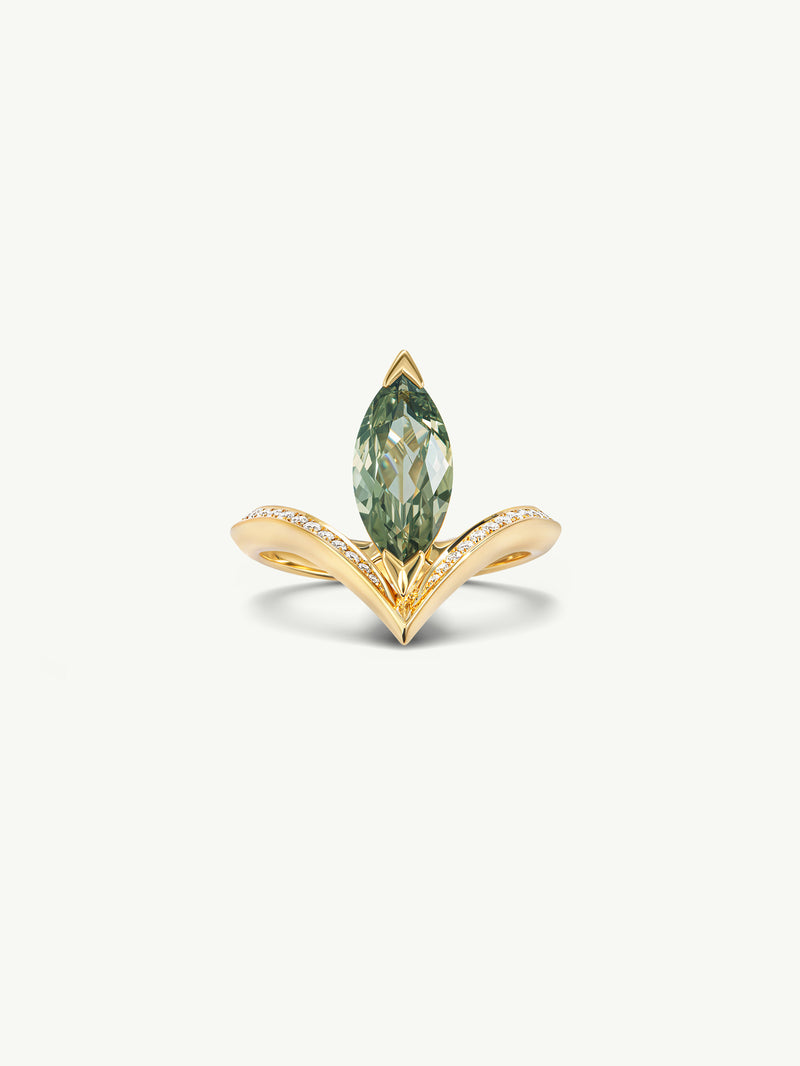 Yasmeen Ring with Brilliant Marquise-Cut Natural Green Sapphire In 18K Yellow Gold